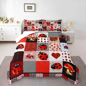 Feelyou Ladybug Print Animal-Themed Bedding Set - Breathable Red Black Polka Dot & Geometric Grid Comforter Set, Multi-Size Option for Kids’ Bedroom Decoration