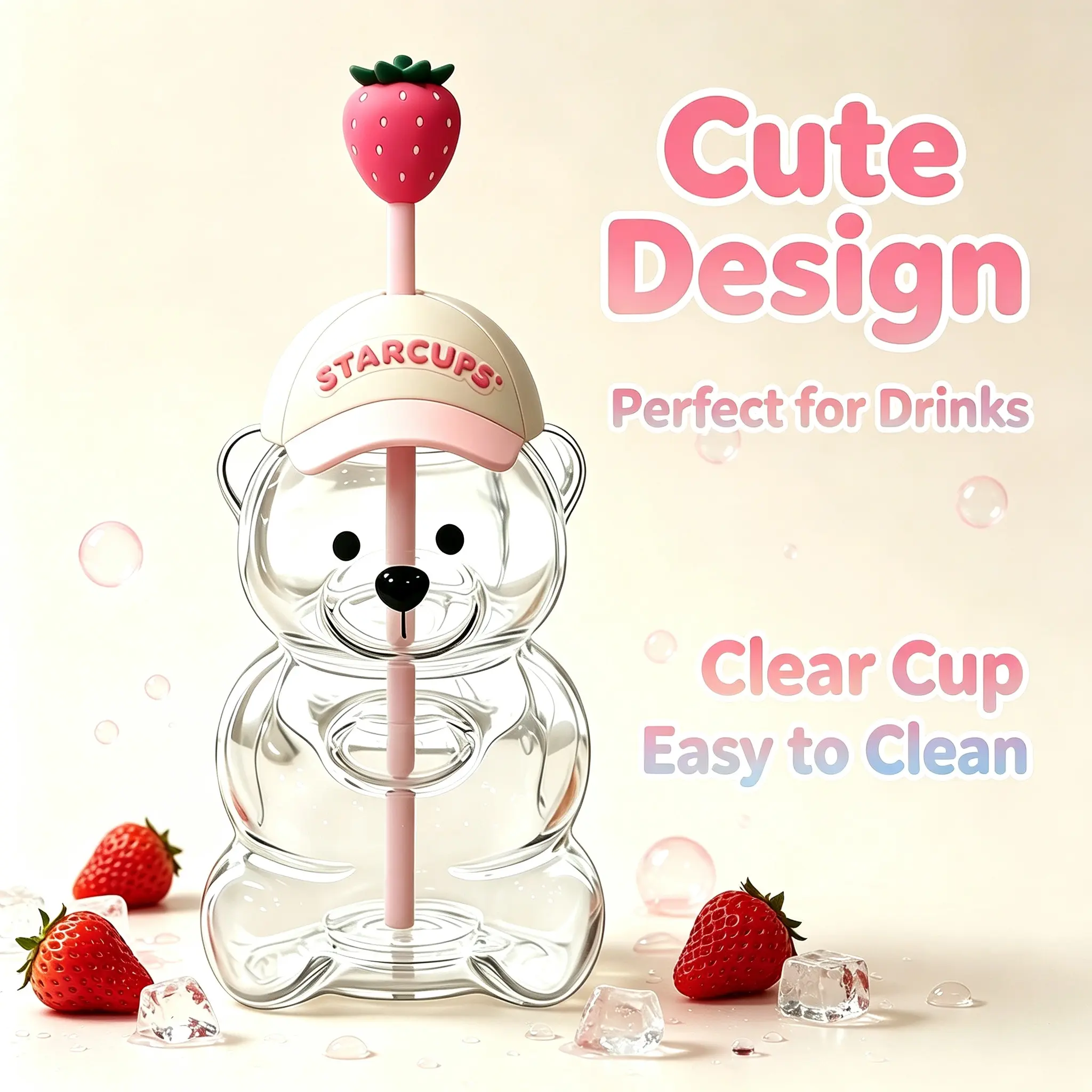 Cute Strawberry Bear Glass Cup with Straw, with Straw & Lid for Iced Coffee, Milk Tea, Smoothies, Dishwasher Safe Cute Animal Drinkware, Perfect Birthday & Holiday Gift
