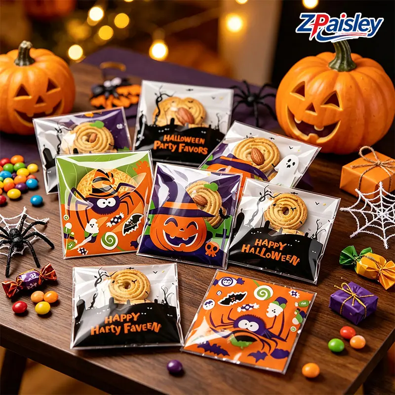 100Pcs Halloween Self Adhesive Treat Bags, Clear PP Plastic Cookie Candy Goodie Bags with Pumpkin Spider Ghost Bat Castle Printed Designs, Self Sealing Snack Packaging Pouches for Trick or Treat, Kids Classroom Party Favors, Halloween Biscuit Gift