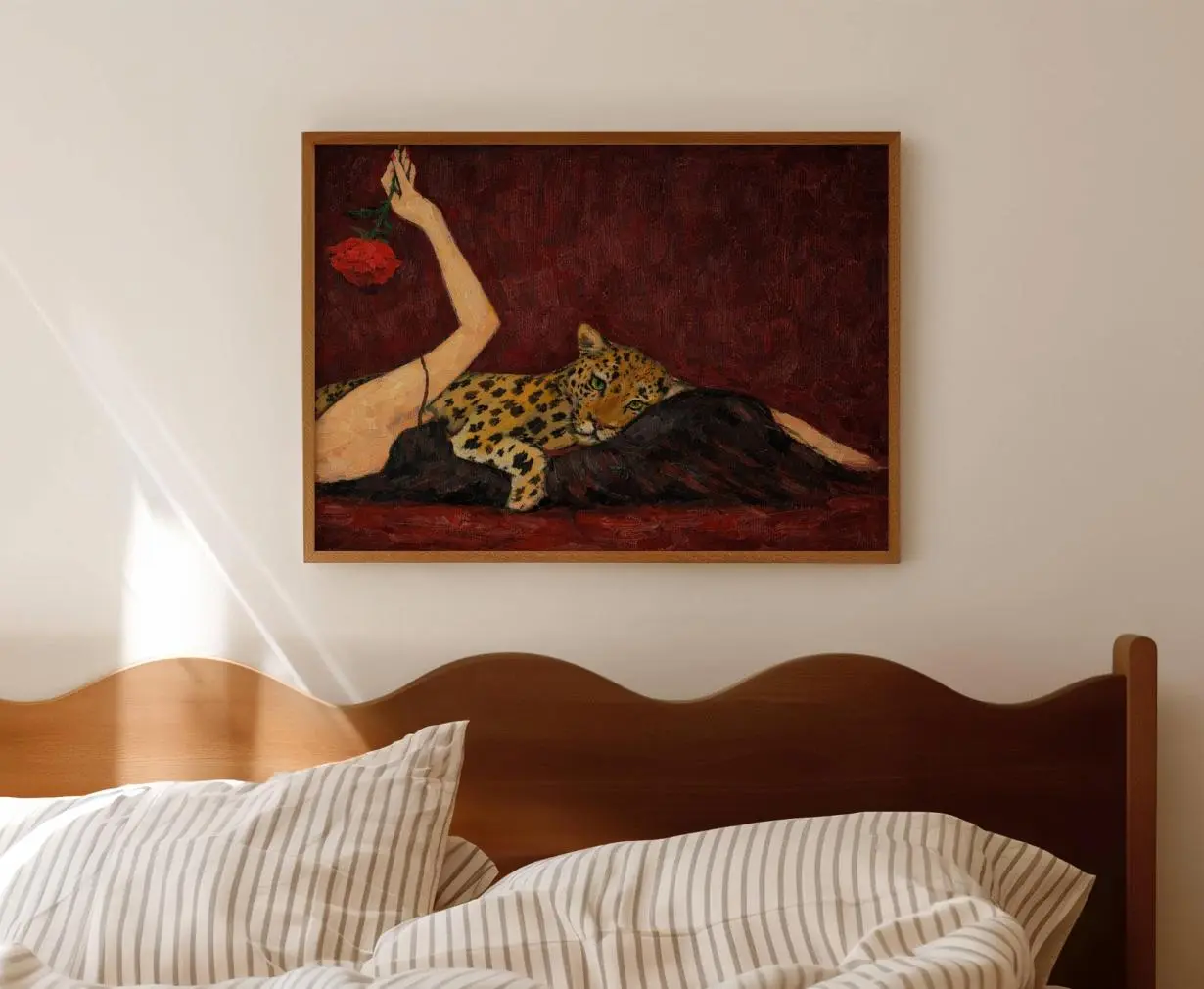 Abstract Woman with Leopard oil Painting, Burgundy Cheetah Print, Horizontal Above Bed Wall Art, Handdrawn Textured Retro Glam Animal Poster, Classic Fashion, Timeless Design for All, Looks Good, Feels Better