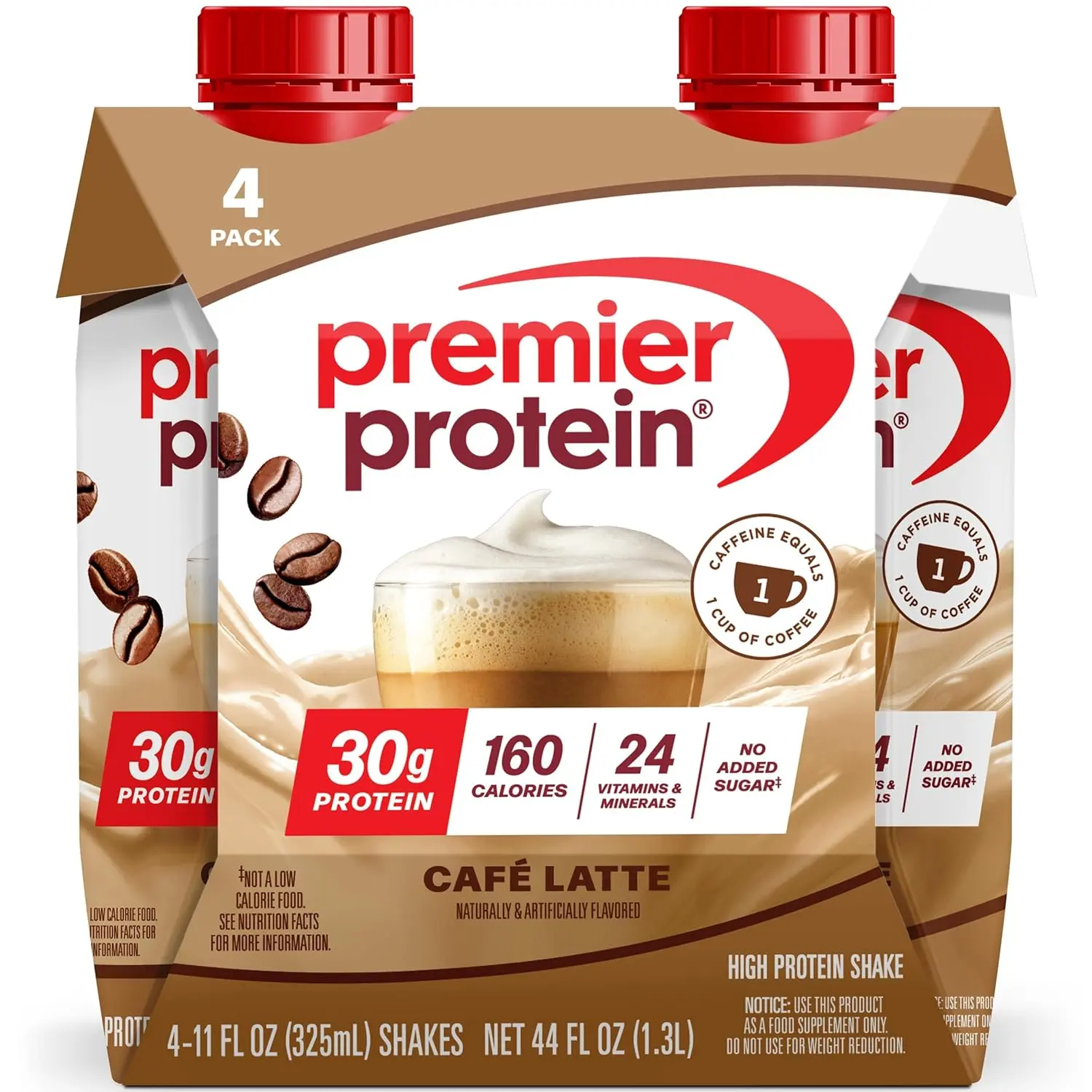 Premier Protein Milk Shake – Café Latte Ambient Energy Meal Replacement Drink, High Protein, Caffeine Boost, 30g, No Added Sugar, 24 Vitamins & Minerals for Immune Support, 11 fl oz, 4 Pack, Room Temp Compatible, Energy Meal Replacement & Protein Drinks