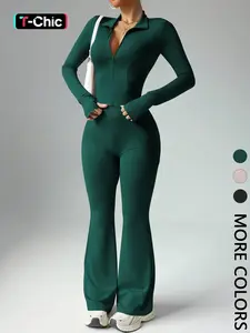 Women's 2-Piece Set, Plain Long Sleeve Zipper Jacket + Wide Leg Flared Pants, Casual for All Seasons, Fitted Clothing Set