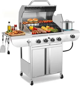 4-Burner Propane Gas Grill with Side Burner, Stainless Steel 42,000 BTU BBQ Grill, Cast iron Griddle & Enamel Grates, Barbecue Grill for Outdoor Cooking, Backyard, Patio, Deck Camping summerwins