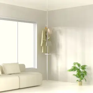 Floor to Ceiling Tension Clothes Rack Adjustable Height Stainless Steel Composite Pipe 360° Rotatable 4 Hooks TPE Non-Skid Base No Drill DIY Corner Storage Organizer for Bedroom Balcony Office Bathroom