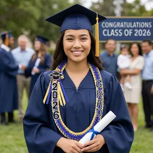 Class of 2026 Graduation Ribbon Leis - Premium Hand-Woven Blue and Gold Braided Lei with GRAD Letters, Cap Charm & Tassels, High School College Graduation Money Lei Gift for Him Her