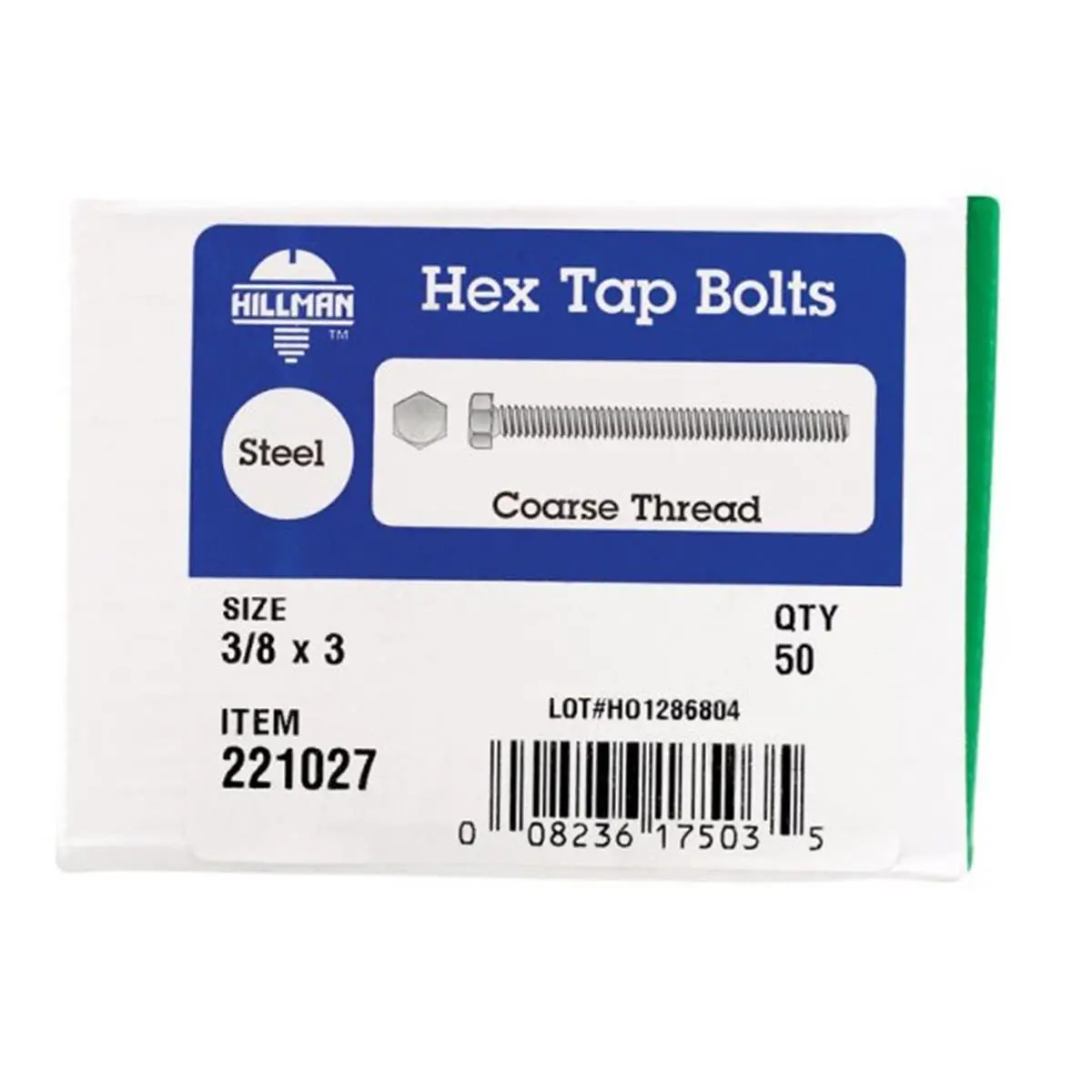 Hillman Hex Cap Screws, Fully Threaded Hex Tap Bolts, Zinc Finish, 3/8 in. x 3 in., Sailing Water Sports Hardware, Box of 50, 3/8" X 3"