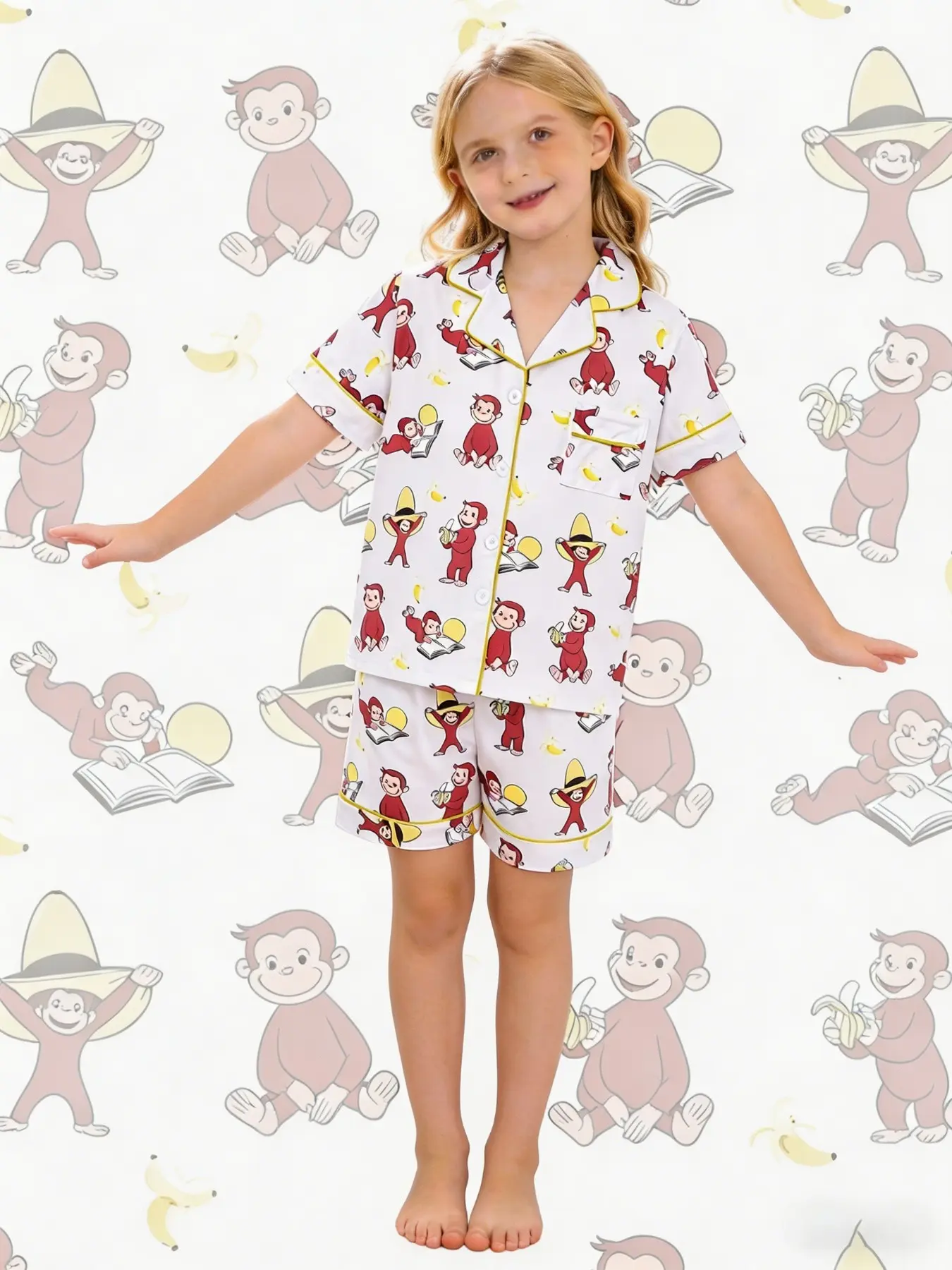 2-piece children's clothing set for girls and boys, Summer clothing set, George cartoon pattern printed short sleeved shorts, collar design, top with small pockets, elastic waistband, home children's clothing, pajamas set, Graphic Print Set