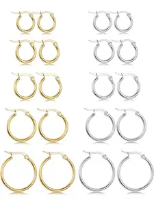 10 Pairs Silver & Gold Earrings Set for Men & Women, Hypoallergenic Surgical Stainless Steel Small Earrings, Hoop Earring Sets, Waterproof Stackable Jewelry for Multiple Piercings, Earring Stacking Set