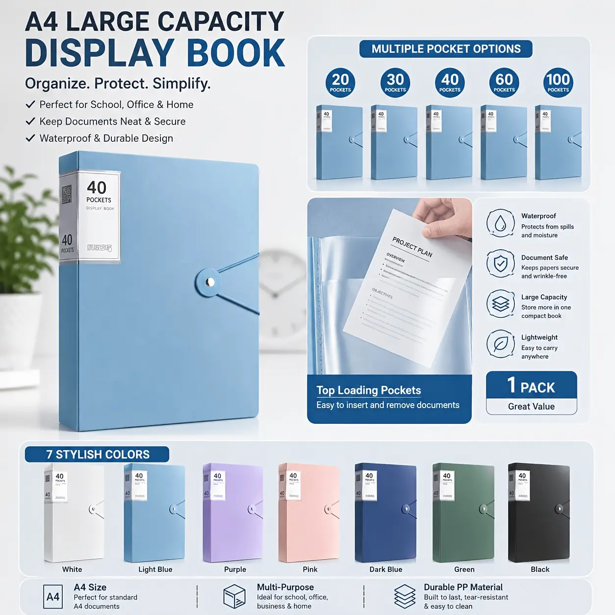 Expandable A4 Plastic Document Folder with 20/40 Pocket Snap Button Binder - Clear File Suitable for Home, Office,, Letter/A4 Size File Envelopes, Snap Fasteners, 7 Colors for Home Work Organizers (No Revision)