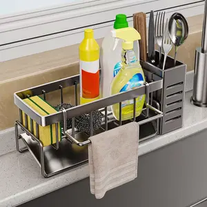 Stainless Steel 1-Layer Expandable Kitchen Sink Caddy Organizer Wash Rack with Auto Drain, Sponge Holder, Towel Rack, 5-10 Kg Load Capacity for Keeping Sink Clean & Dry