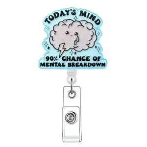 Cloud & Letter Pattern Retractable Badge Reel, 1 Count Sadness Themed Acrylic ID Holder with Clip, Identification Badges & Supplies for Nurses Doctors Students Office Staff