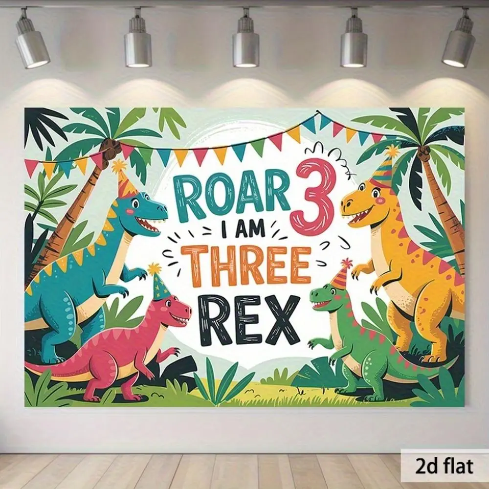 1PC,2D Flat Dinosaur - Themed 3rd Birthday Backdrop, "ROAR I AM THREE REX" Party Decoration Banner for Boys & Girls, Photo Background Wall Prop for Kids' Birthday Party, Photo Backdrops