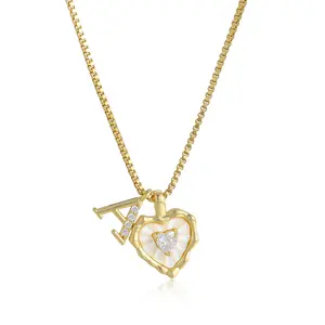 Tewiky Gold Box Chain Scalloped Shell Heart CZ Initial Necklace A–Z Micro Pave Letter Pendant For Valentine's Day gifts