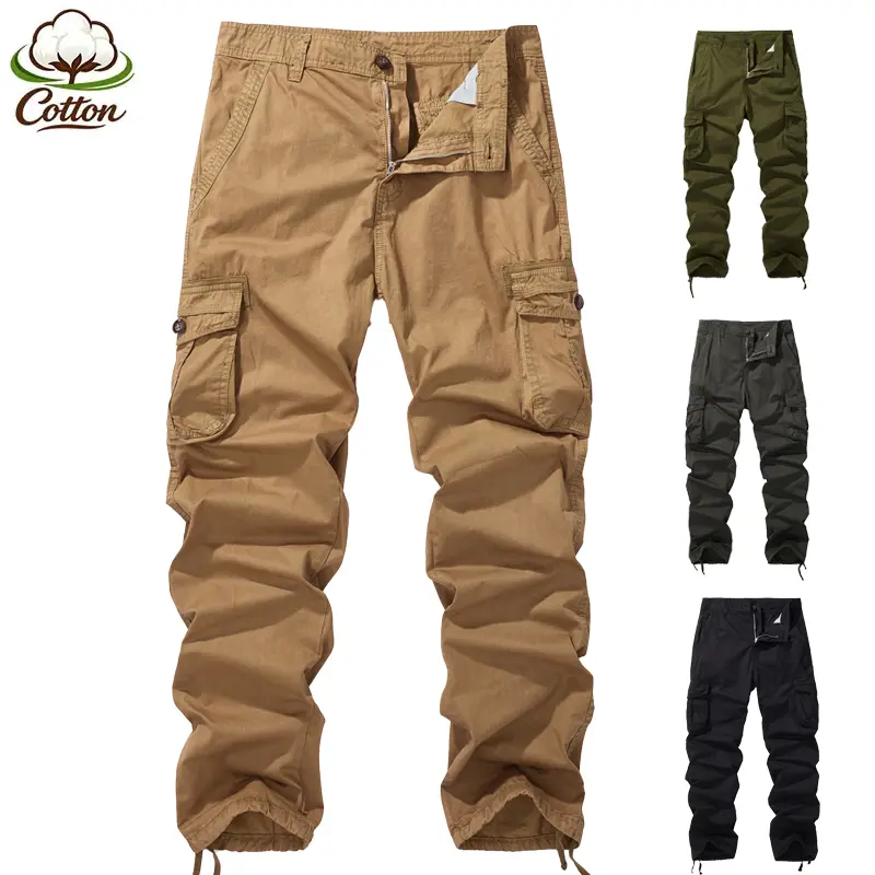 Men’s Baggy Jogger Tactical Utility Cargo Pants, 100% Cotton Ruched Stacked Leg with Adjustable Ankle Drawstrings, 4 Solid Color Options Black Charcoal Gray Army Green Khaki, Button Flap Multi Pocket Vintage Military Streetwear Bottoms