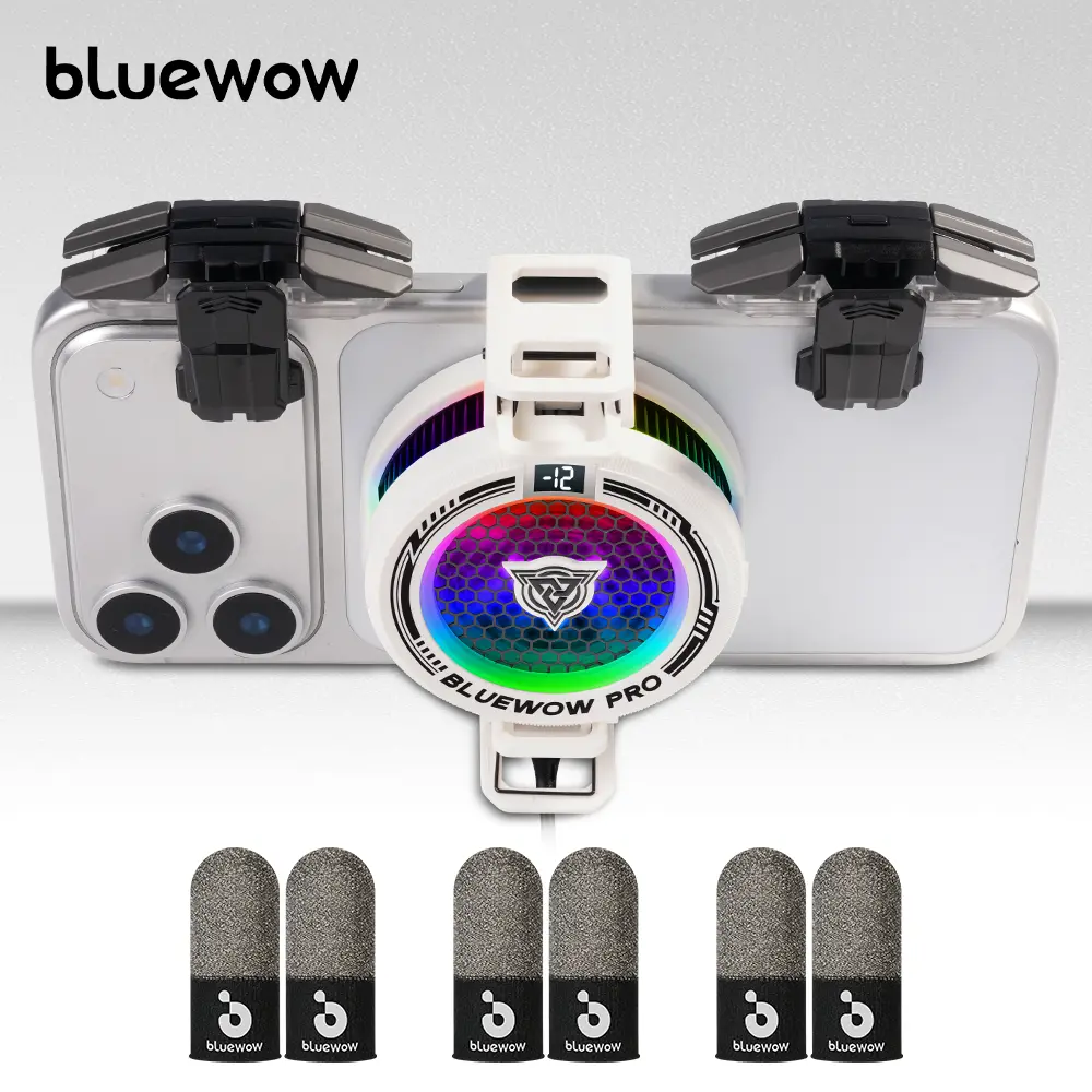 BlueWow X109 AI Pro White High Speed USB & Mobile Fans - USB-Powered Cellphone Cooler with 3-Turbo Speeds RGB Magnetic Clip-On Light, Plug-and-Play Universal Gaming Accessory w/PUBG Mobile/CODM Finger Sleeves & Cable