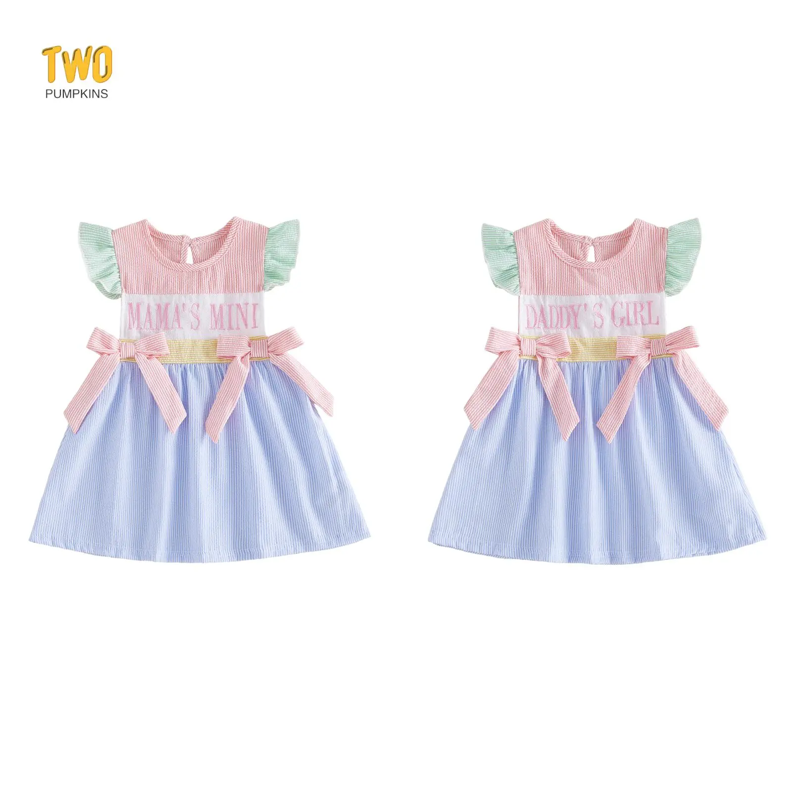 Little Girls Summer Dress Adorable Letter Embroidery Striped Flying Sleeve Round Neck Dress