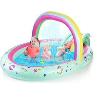 Rainbow Unicorn Inflatable Play Center Kiddie Pool with Slide and Sprinkler for Children, 96''x59''x39'' Baby Pool for Backyard and Garden