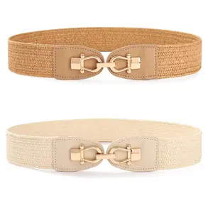 2Pcs Women Elegant Boho Braided Belts Elastic Waist Straw Woven Belt Metal Buckle Breathable Belt for Dress