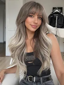 26 Inch Long Wavy Wig with Bangs, Elegant Synthetic Hairpiece for All Seasons, Perfect for Parties & Daily Wear, Synthetic Hair Wigs, Synthetic Natural Looking