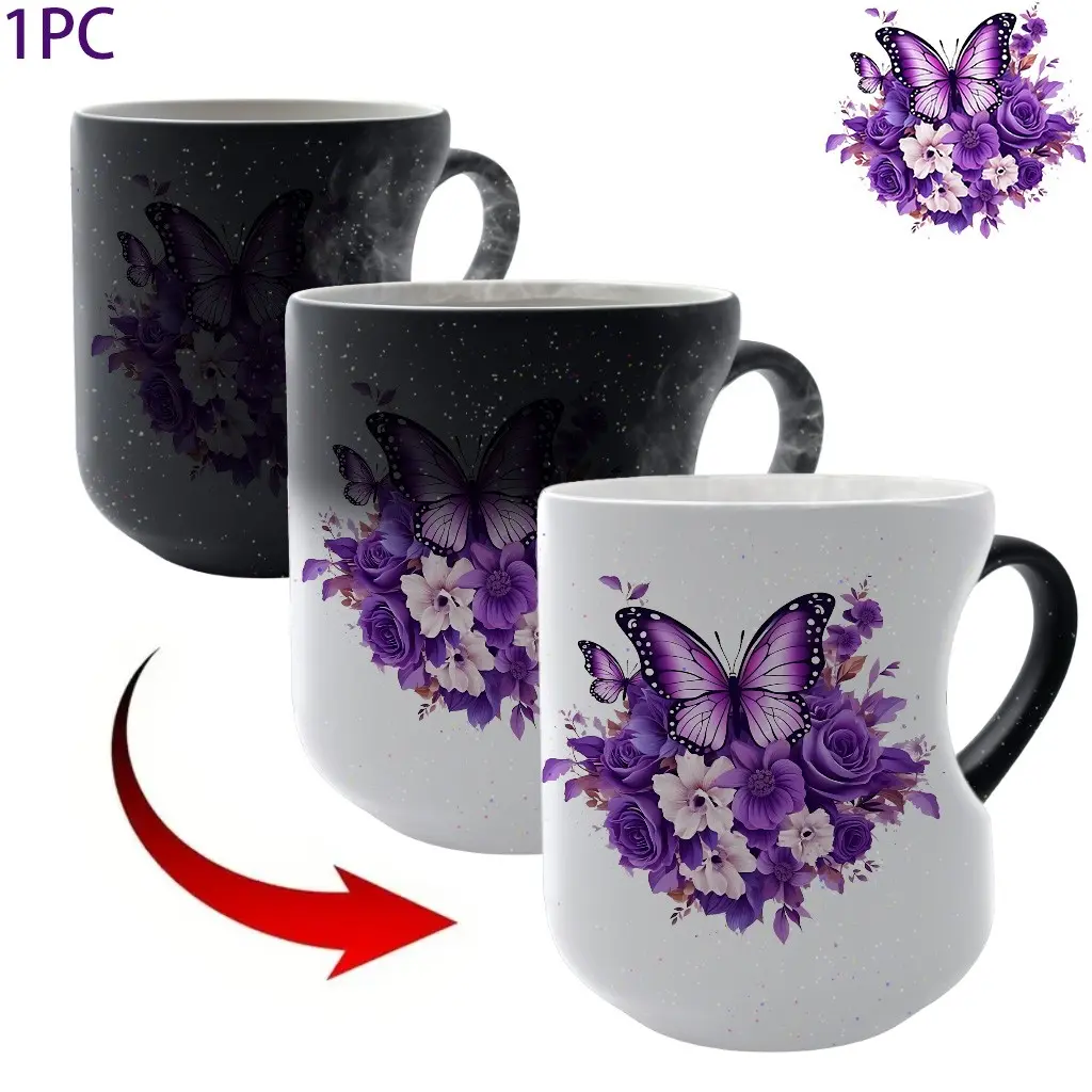 1pc Dreamy Purple Butterfly & Floral Color-Changing Mug With Heart-Handle, Creative Mugs, Ceramic Coffee Mug, Beverage Mug, Drinkware, Cup, Idear Gift for Mother's Day