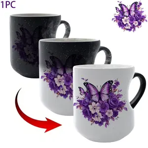 1pc Dreamy Purple Butterfly & Floral Color-Changing Mug With Heart-Handle, Ceramic Coffee Mug, Beverage Mug, Drinkware, Cup, Idear Gift for Mother’s Day