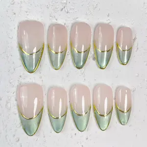 [Emerald Cat-Eye] Medium Almond Handmade Press on Nails, Fake Nails with Nail tool kit with Jelly Stickers, Reusable, Durable