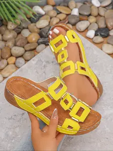 Women's Summer Outdoor Fashion Casual Slip-On Wedge Sandals, Embellished Platform Sandals, PU Leather Metal Decor, Beach Shoes, Low Wedges Platform, All Seasons
