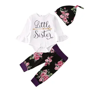 Little/Big Sister Matching Baby Girls Clothes Flower Long Sleeve Tops Romper Pants Headband/Hat Autumn Outfits Set
