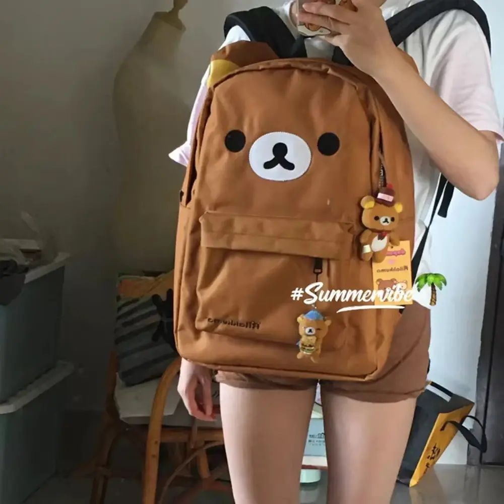 Rilakkuma Kawaii Cartoon Backpack Waterproof Nylon Large Capacity Embroidery School Bag For Young Adult Daily Travel Campus Work