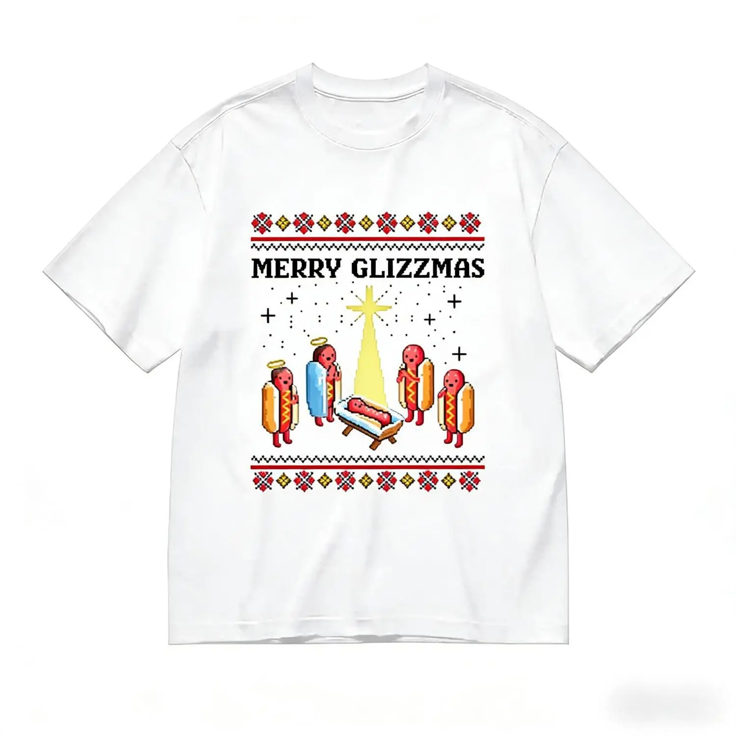 Women's 100% Cotton Casual Crew Neck Graphic T-Shirt - Merry Glizzmas Hot Dog Christmas Scene, All Seasons, Machine Washable - Ideal for Holiday Party, Christmas Gift, Short Sleeve, Slim-Fitting, Street, Normal Type, Shortsleeve, Tops, Breathable