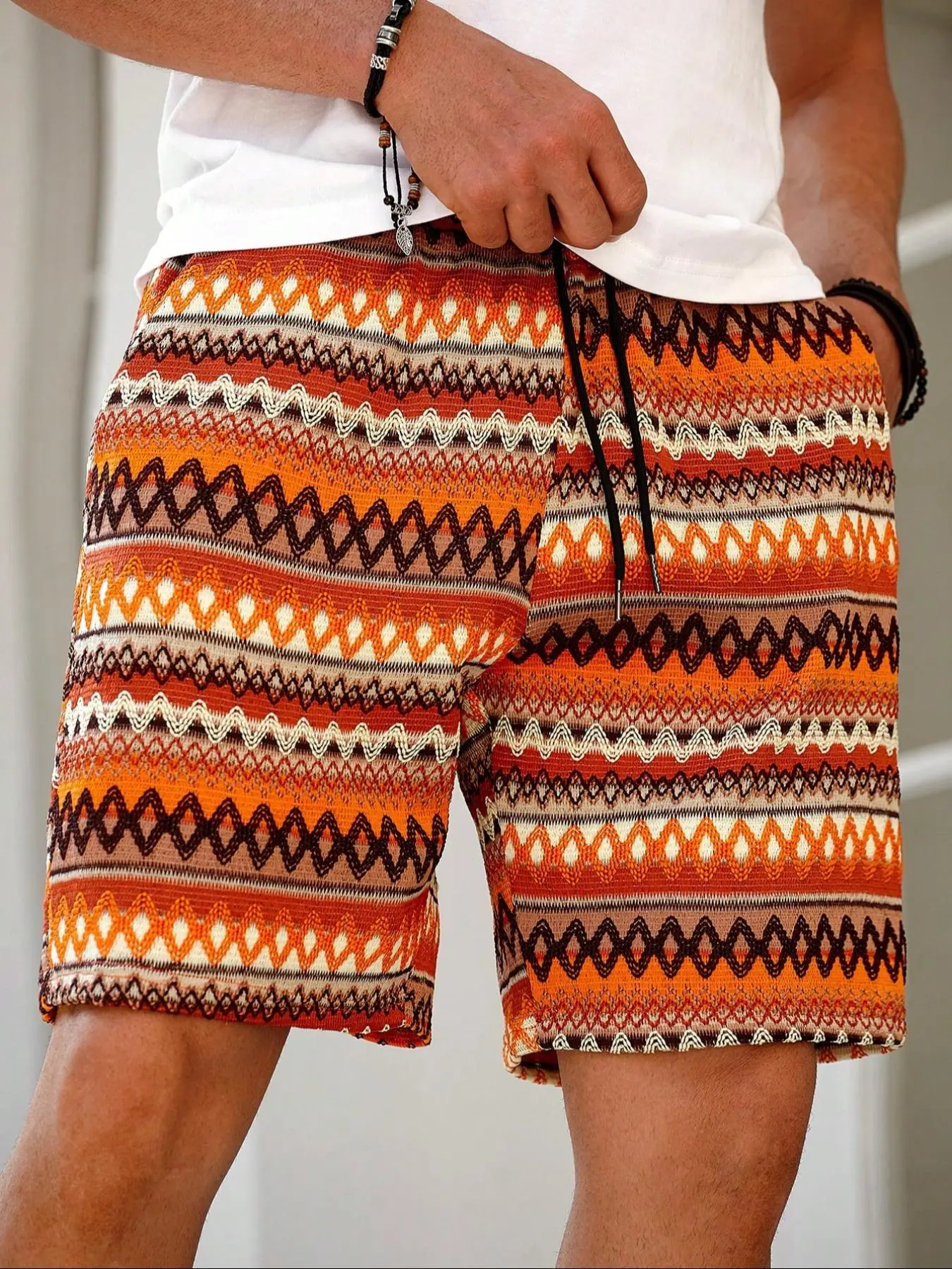 Men's Jacquard Knit Shorts, Fabric, Casual Style Summer Wear, Fitted Design, Perfect for Daily Wear, Streetwear, Sports Shorts, Tropical Beach Shorts, Drawstrings Shorts