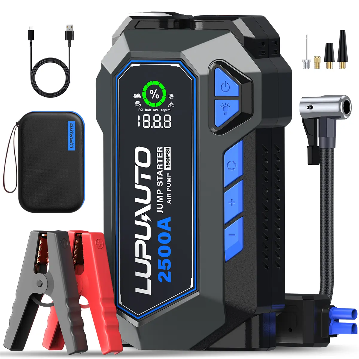 LupuAuto 2500A 12V Portable Charger Jump Starter with 150 PSI Cordless Tire Inflator, Supersafe Digital Display, USB LED Accessories, Dragon Plush Decoration, Chandelier Aromas, Sun Visor Car Interior Accessory for 7.5L Gas & 5L Diesel Vehicles