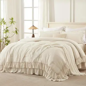 Beige Twin Size Comforter, 2 Boho Lightweight Fluffy Ruffle , Microfiber Farmhouse for (66x90In Comforter)