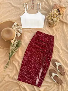 Summer 2-Piece Set: Womenswear Casual Holiday, Solid Color Thin Strap Sleeveless Top and Leopard Split Skirt, Elegant Slim-Fitting Spaghetti Strap, Print