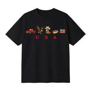 Cotton Oversized T-Shirt Unisex Graphic Print Tee with USA Icons, Vintage Americana Truck Eagle Boots Flag Design, Casual Patriotic Style Streetwear Top