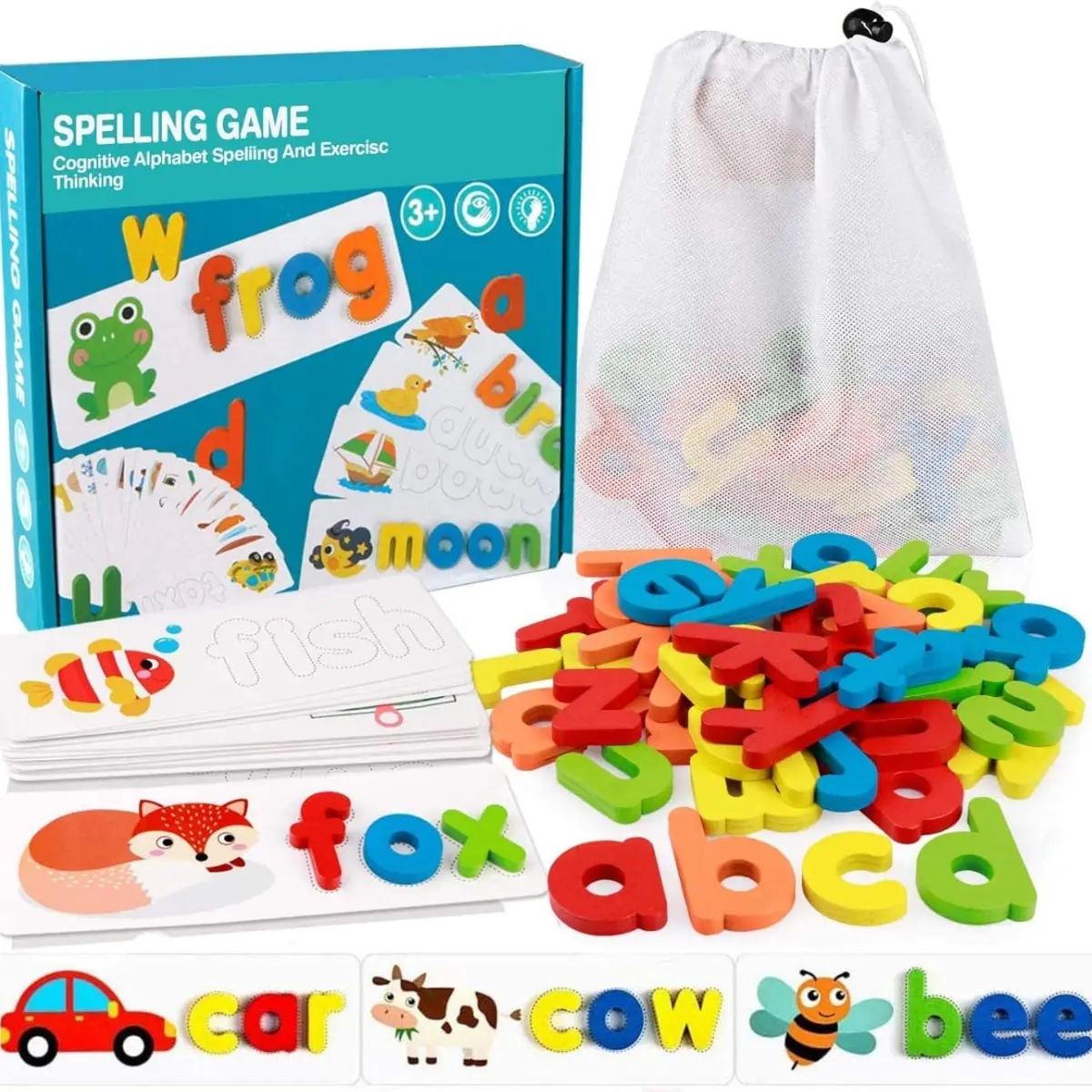 Montessori Wooden See and Spell Language Toy - Spelling Game with Blocks, Tool Cards, Alphabet Learning Chart, 28 Double-Sided Flash Cards, 56 Rich Scenes, 3-7 Year Preschool Toddler Activities to Boost Fine Motor & Hand-Eye Coordination, Birthday Gift
