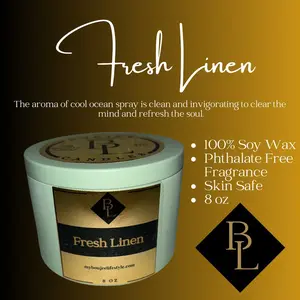 Fresh Linen Soy Wax Candle - Skin Safe, 8 oz Tin Can, Cool Ocean Spray Aroma - Decor