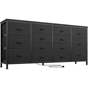 14 Drawer Dresser, 63 in Black Fabric Dresser TV Stand with Power Outlet for 65 70 75 in TV, Long Entertainment Center for Bedroom, Closet, Living Room, Entryway