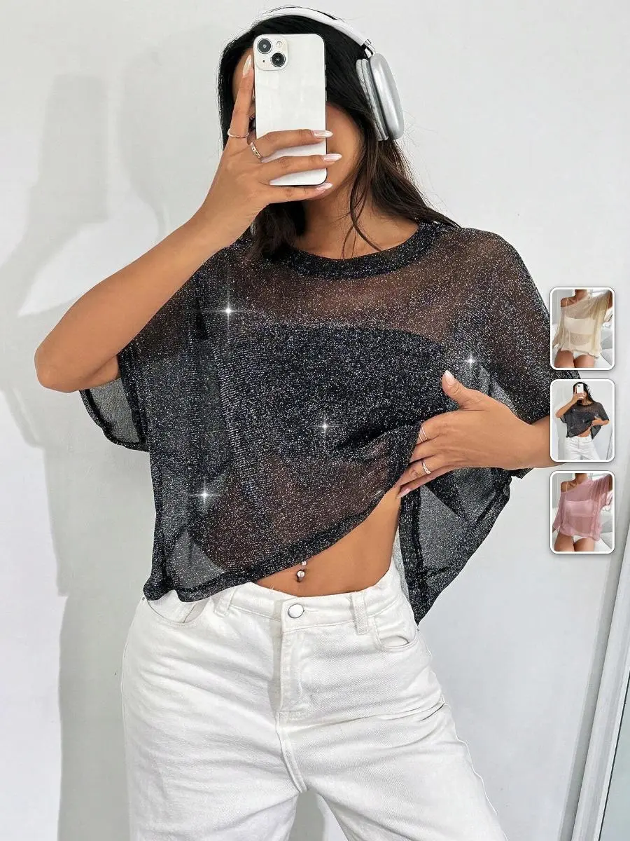 LACEX Sheer Mesh Crop Top Batwing Sleeve Summer Beach Cover Up