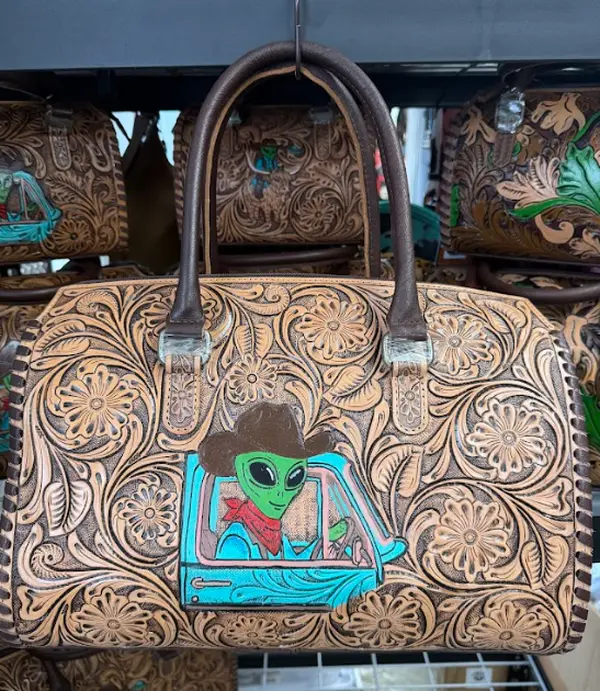 Genuine hand painted & tooled speedy bag- Alien in a pickup truck