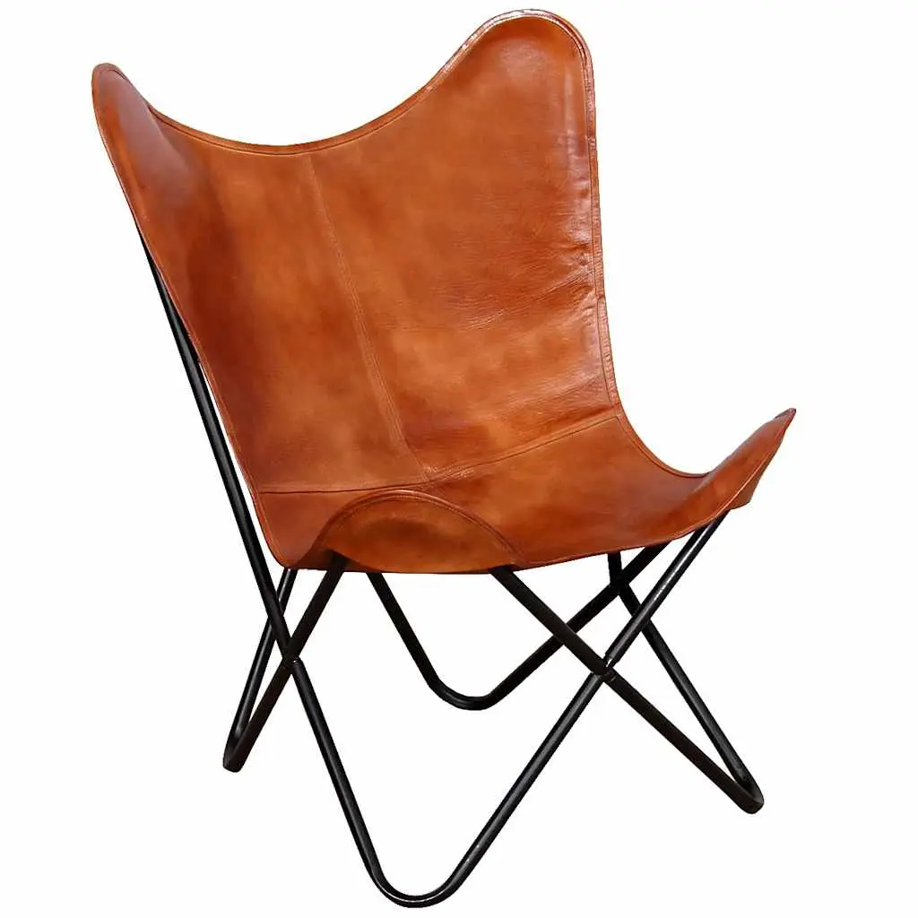 vidaXL Chair, Accent Living Room Chair with Powder Coated Iron Frame, Leather Butterfly Chair, Industrial Style, Brown Real Leather 243728