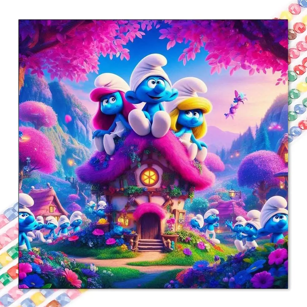 1pcs 5D DIY diamond painting kit, 5D diamond art set, DIY decoration, Smurfs, cottage, pink tree diamond painting kit full round diamonds DIY, mosaic, diamond art, DIY home decor, suitable for Halloween and Christmas.