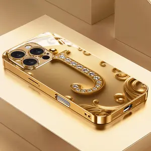 New Arrival High-End Fashion Trend Gold Letter J Pattern Electroplated Glass Phone Case, Suitable for iPhone 17, 16, 15, 14, 13, 12, 11, Pro Christmas Cute Phone Pendant, Cute Phone Case Elegant, Durable Material,  Trend Follower, Fashion Enthusiast