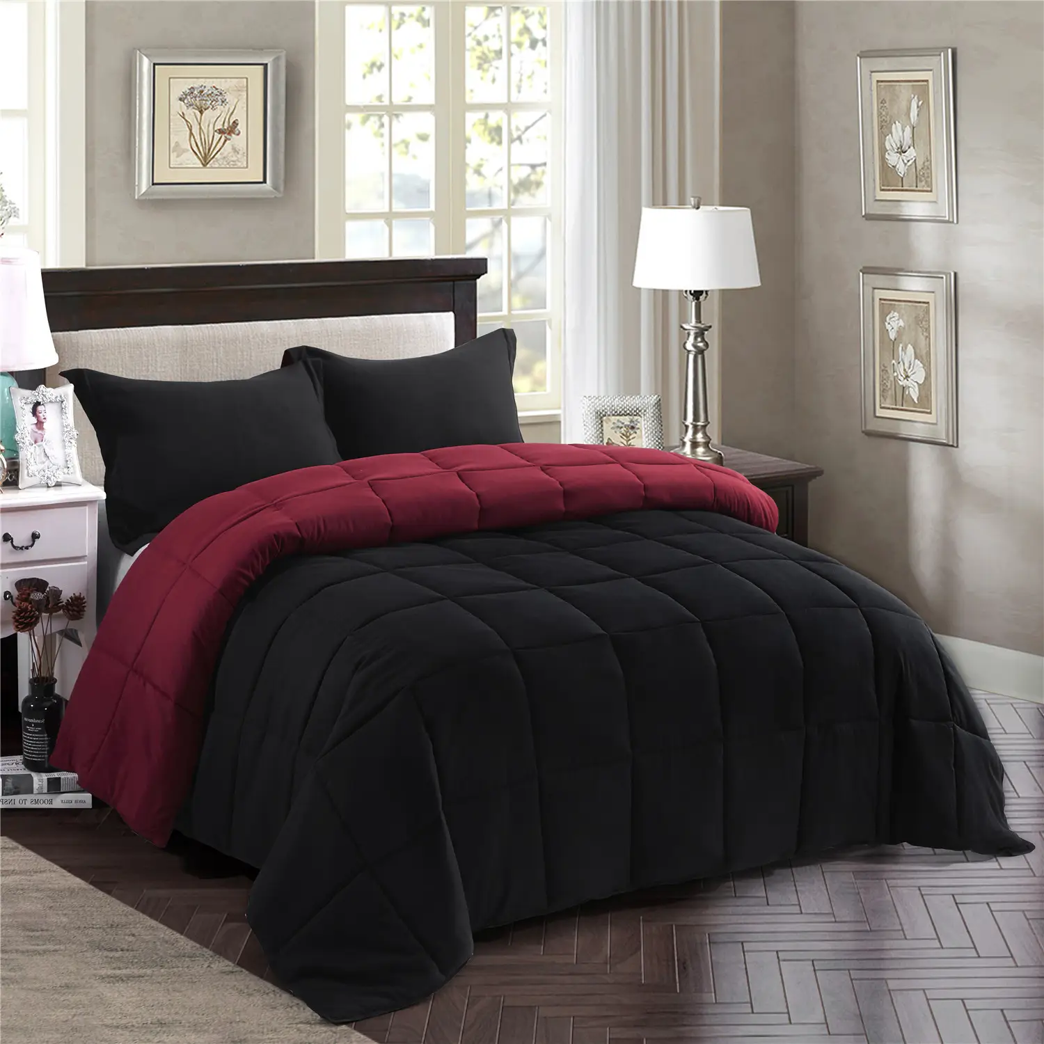 HIG 3PC Down Alternative Comforter Set - All Season Reversible Comforter with Two Shams happy fluffy cloud bed