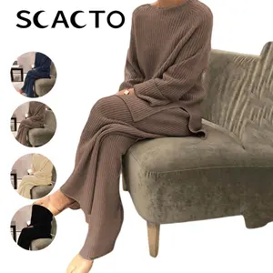 Scacto Lady's 2-Piece Ribbed Knit Loungewear Set - Comfortable Oversized Longsleeves Top + Wide Leg Trouser, Soft Basic Asian Sizing Women's Clothing for Autumn Daily & Lounge Use, Pants, Pajama Set,summerwins
