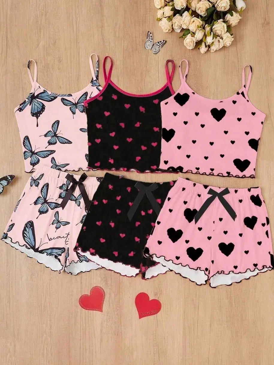 6-Piece Pajama Set, Heart And Bowknot Print Cami And Shorts, Soft Summer Loungewear