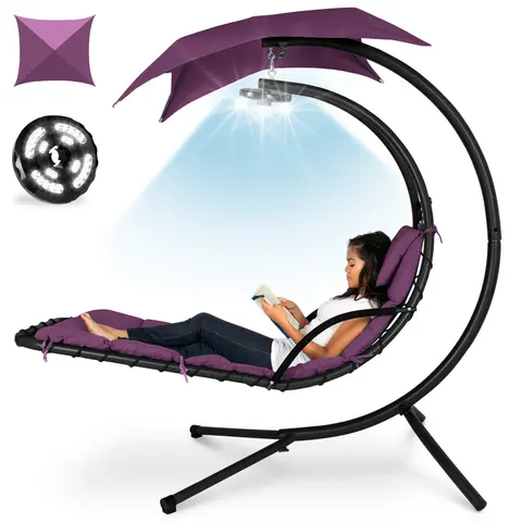 Best Choice Products Hanging LED-Lit Curved Chaise Lounge Chair for Backyard, Patio w/ Pillow, Canopy, Stand