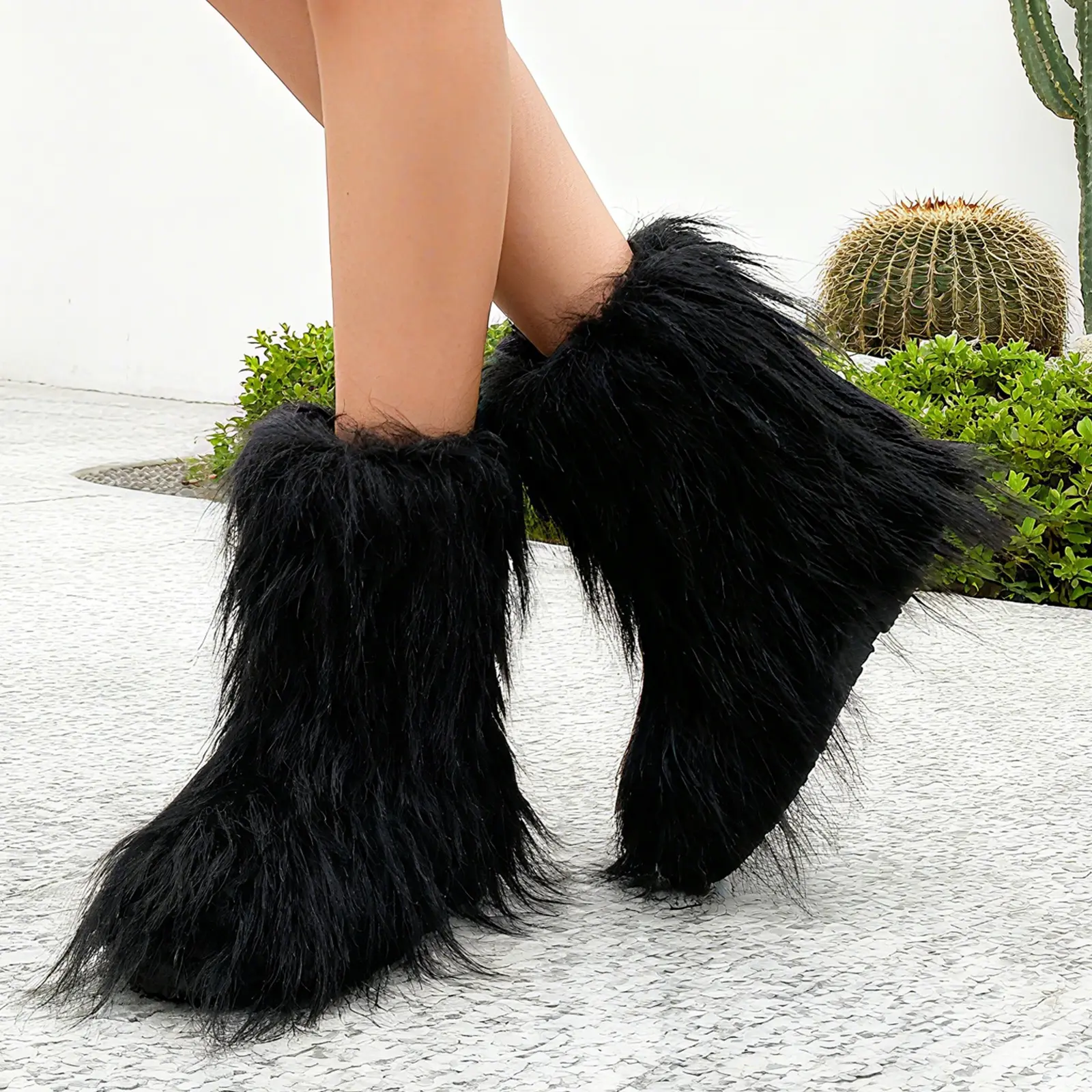 Women's Chic Fluffy Faux Fur Short Boots - Soft Suede, Round Toe, Slip-On Flat Walking Shoes, Winter Warm Rubber Sole PVC Footwear for Indoor-Outdoor Use (No Closure), Shoe