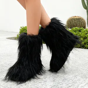 Women's fur short boots, fluffy faux fur round toe suede snow boots, girls' winter warm short outdoor indoor flat shoes