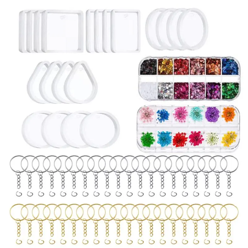 Resin Keychain Making Kit (1 Set) - Silicone Mold, Dried Flower, Circular Glitter, Keychain, Crystals, 0.71x1x0.3 Inch Water Drop/Rectangle Shapes for Epoxy Resin Casting, Handmade Art Projects